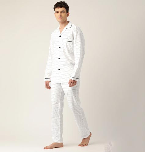 Men White & Black Printed Pure Cotton Night suit